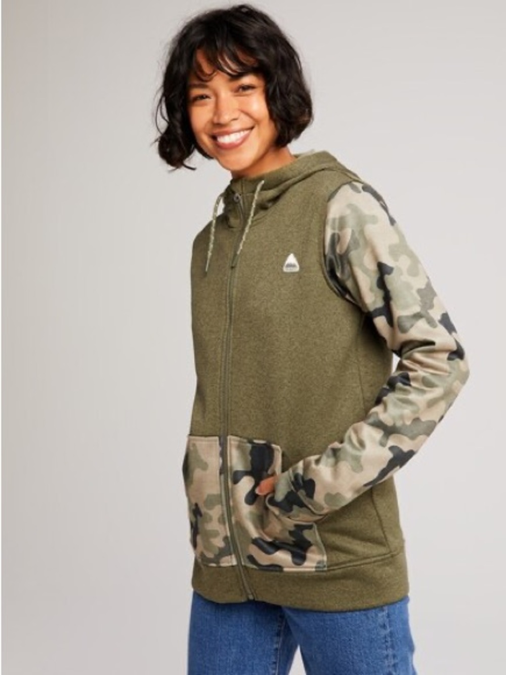 Burton Olive Green Camo Sleeve Hooded Zip Jacket